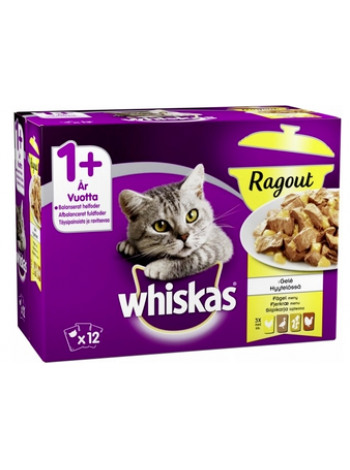 Полнорационный корм для взрослых кошек Whiskas 1+ Ragout 12x85г птица в желе 